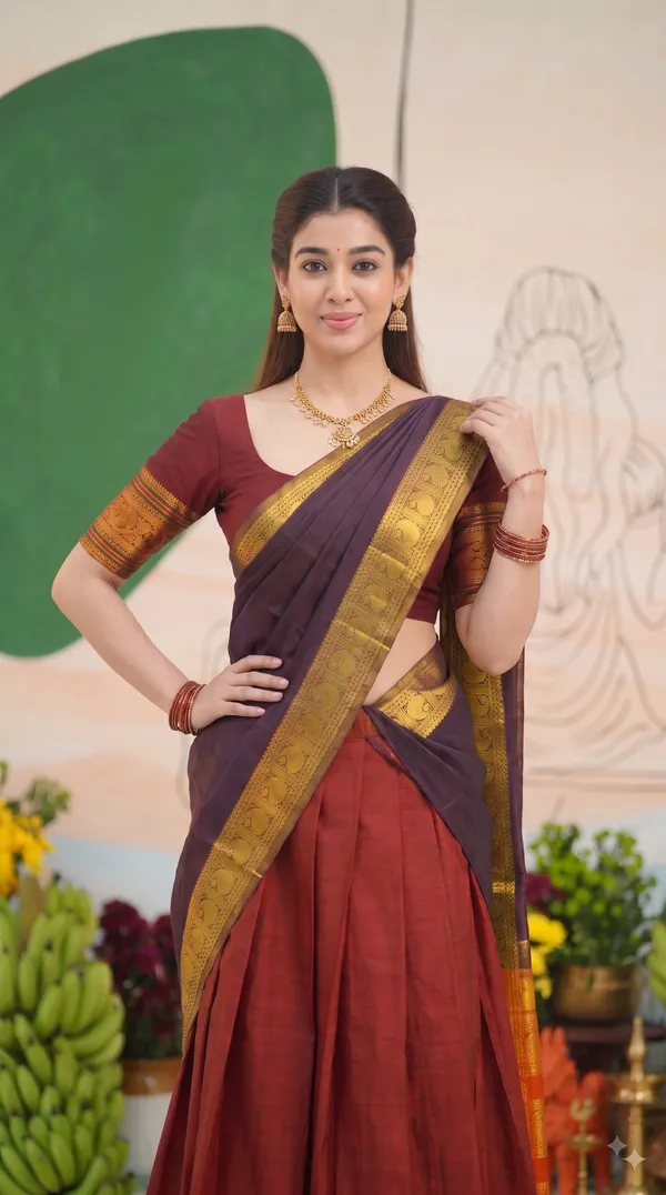 Traditional_Cherry_Red_Half_Saree_with_Coffee_Dhavani