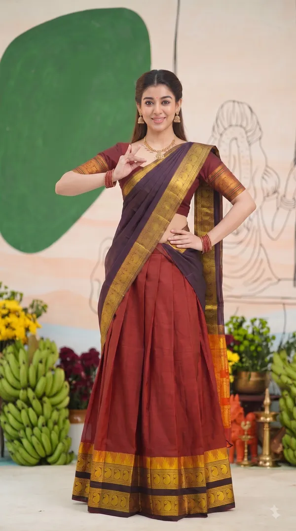 Traditional_Cherry_Red_Half_Saree_with_Coffee_Dhavani