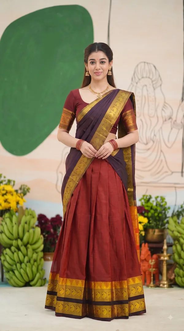 Traditional_Cherry_Red_Half_Saree_with_Coffee_Dhavani