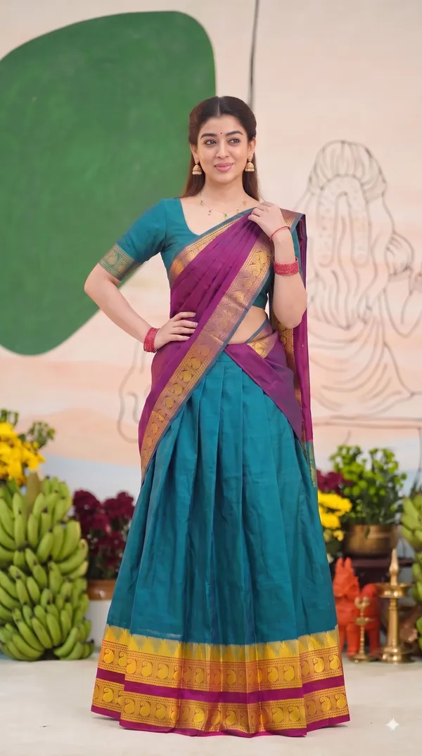 Traditional_Teal_Green_Half_Saree_with_Wine_Dhavani