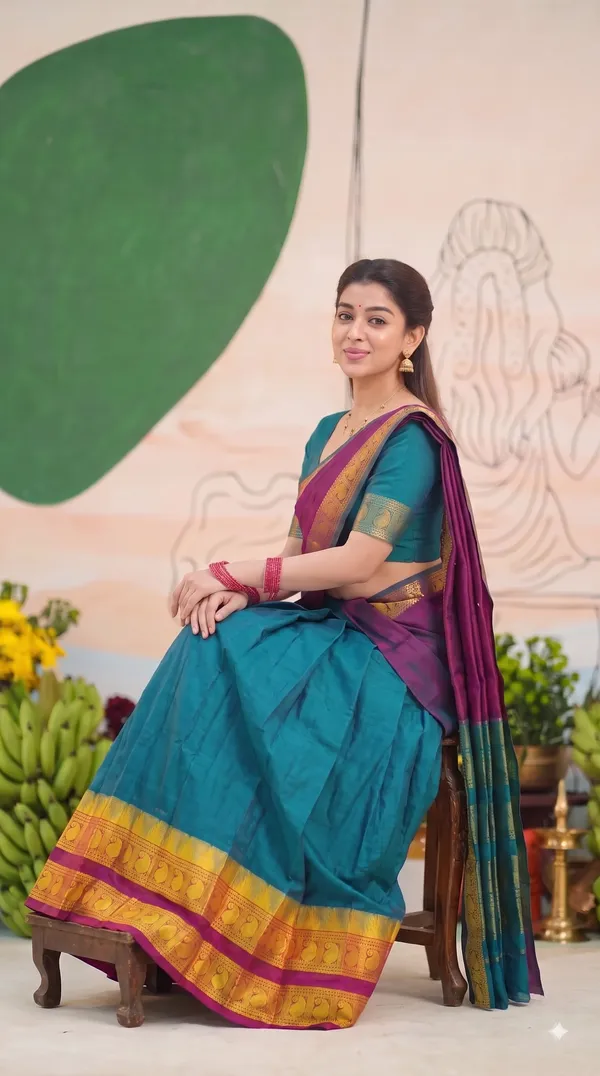 Traditional_Teal_Green_Half_Saree_with_Wine_Dhavani
