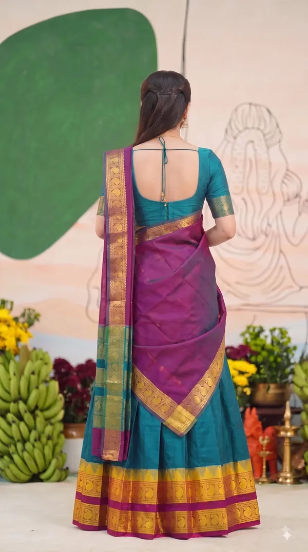 Traditional_Teal_Green_Half_Saree_with_Wine_Dhavani