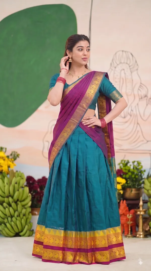 Traditional_Teal_Green_Half_Saree_with_Wine_Dhavani