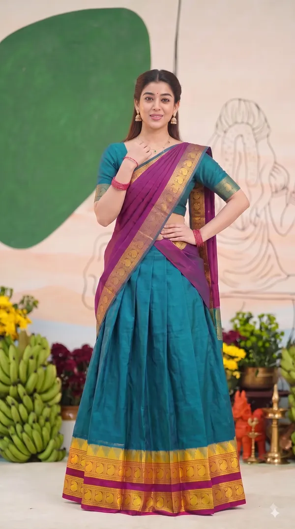 Traditional_Teal_Green_Half_Saree_with_Wine_Dhavani