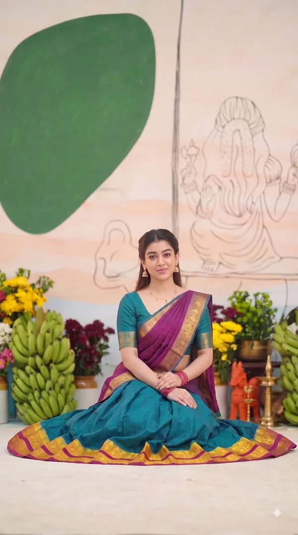 Traditional_Teal_Green_Half_Saree_with_Wine_Dhavani