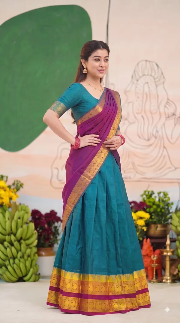 Traditional_Teal_Green_Half_Saree_with_Wine_Dhavani