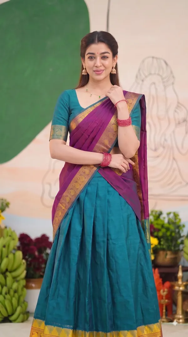 Traditional_Teal_Green_Half_Saree_with_Wine_Dhavani