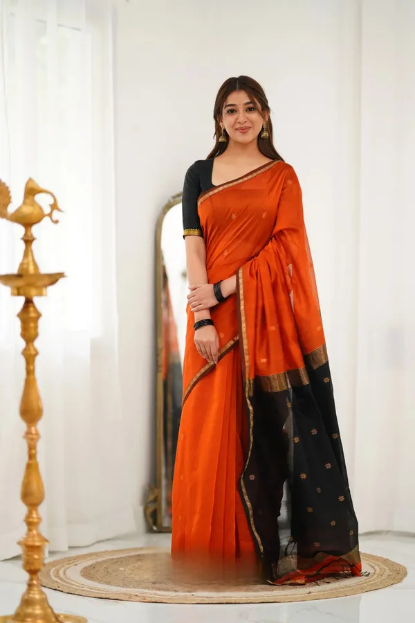 Orange_Maheswari_Silk_Wedding_&_Party_Wear_Saree_&_Unstiched_Blouse_For_Women
