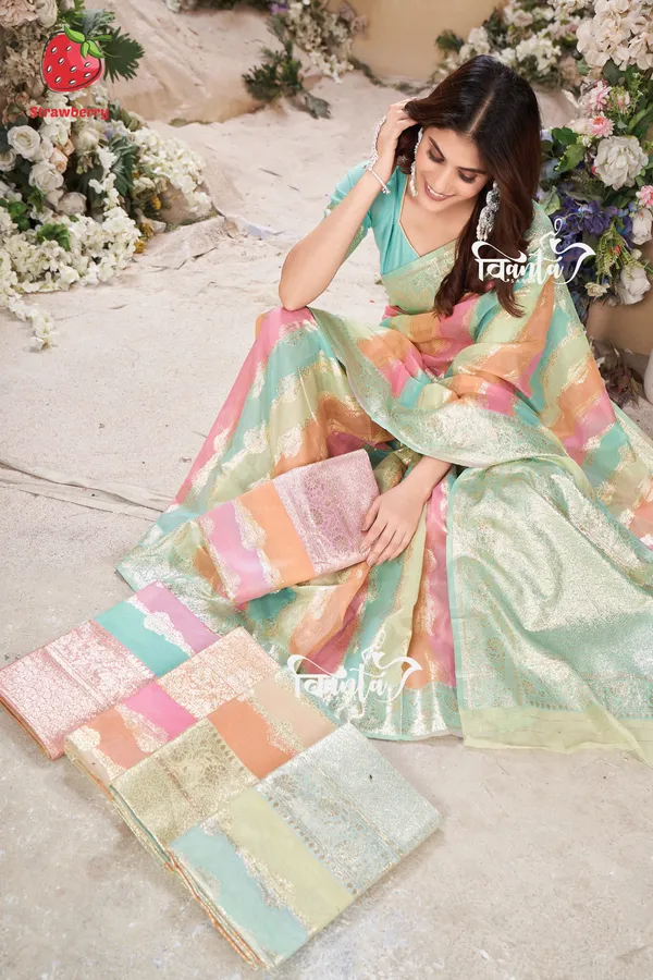 Multi_Color_Banarasi_Silk_Wedding_&_Party_Wear_Saree_&_Unstiched_Blouse_For_Women
