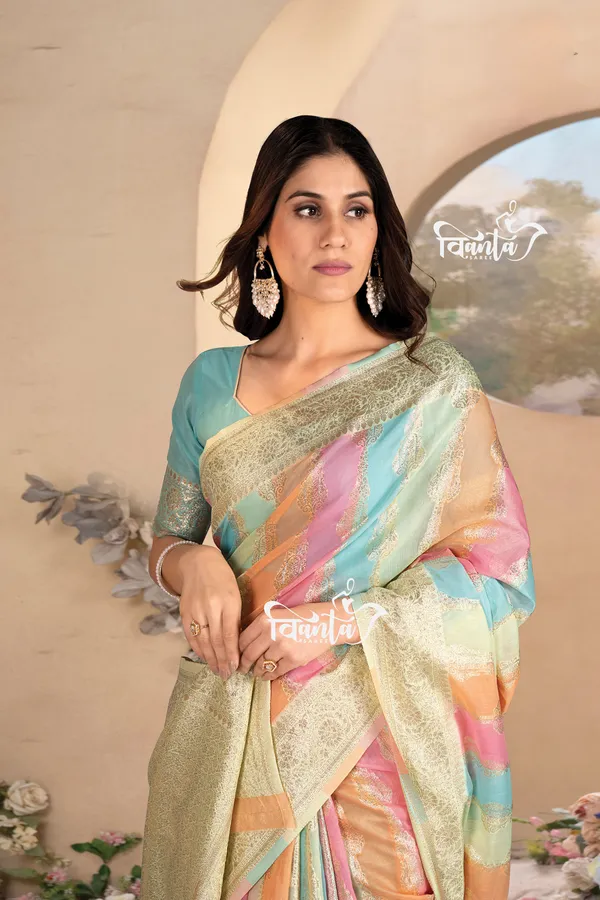 Multi_Color_Banarasi_Silk_Wedding_&_Party_Wear_Saree_&_Unstiched_Blouse_For_Women