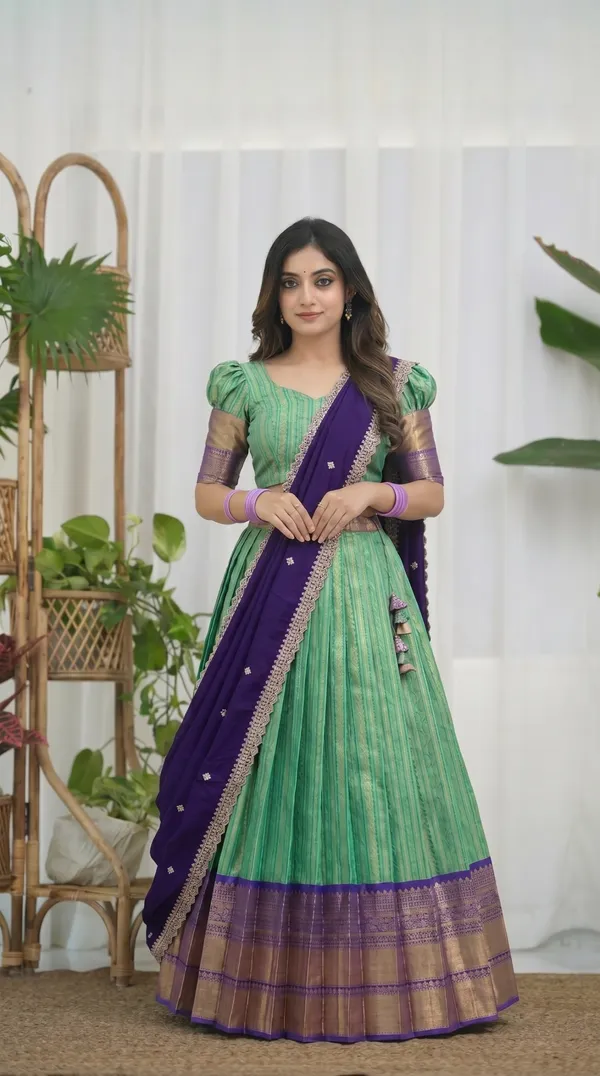Kanjivaram_Silk_Zari_Half_Saree_stitched-Lehenga_With_Blouse_Along_With_Banarsi_Silk