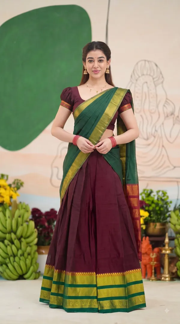 Traditional_Ruby_Maroon_Half_Saree_with_Green_Dhavani