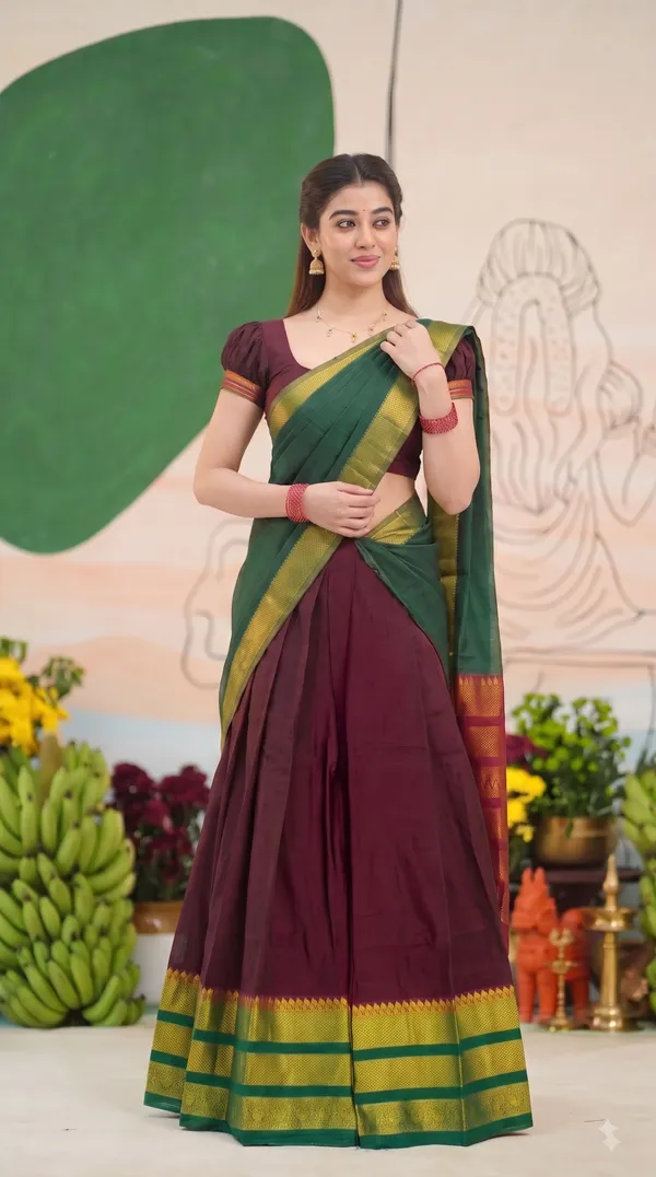 Traditional_Ruby_Maroon_Half_Saree_with_Green_Dhavani
