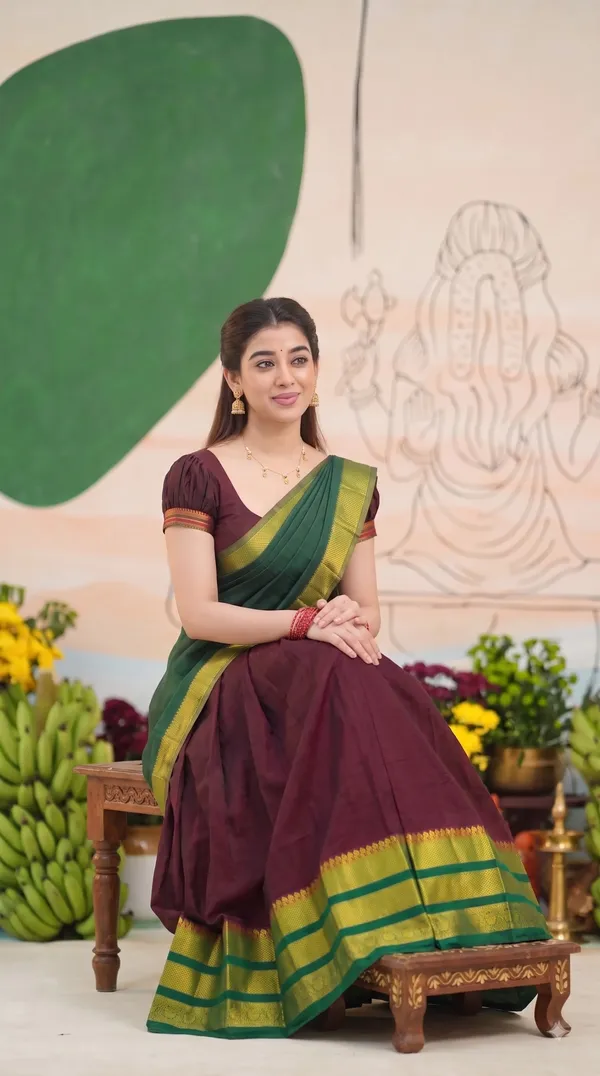 Traditional_Ruby_Maroon_Half_Saree_with_Green_Dhavani