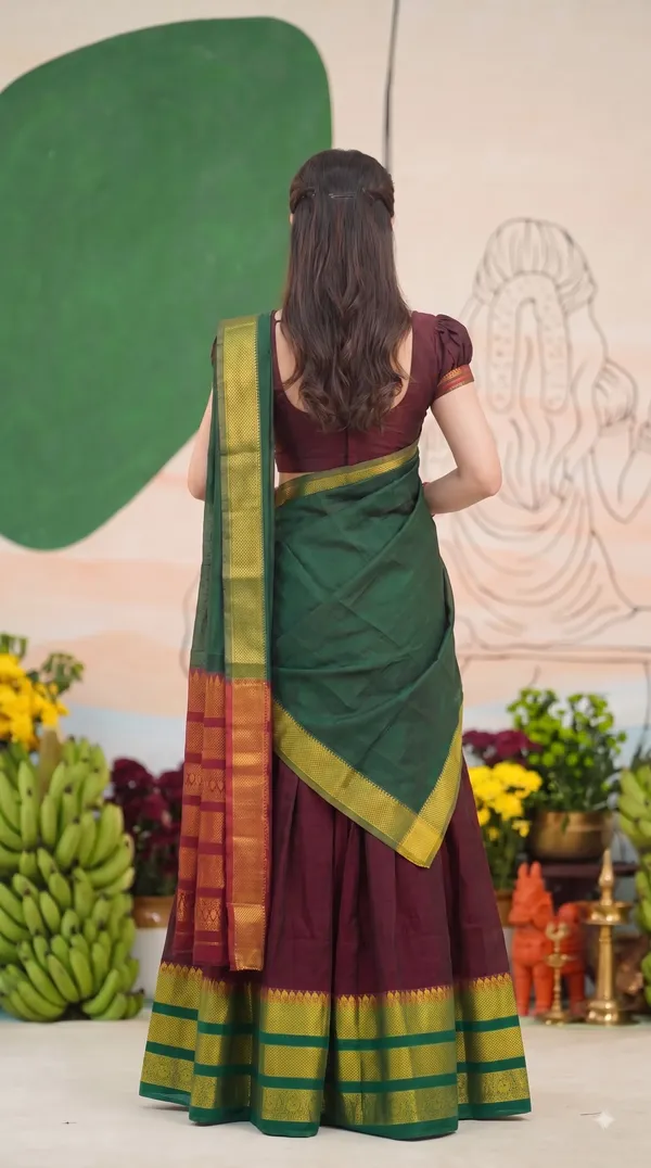 Traditional_Ruby_Maroon_Half_Saree_with_Green_Dhavani
