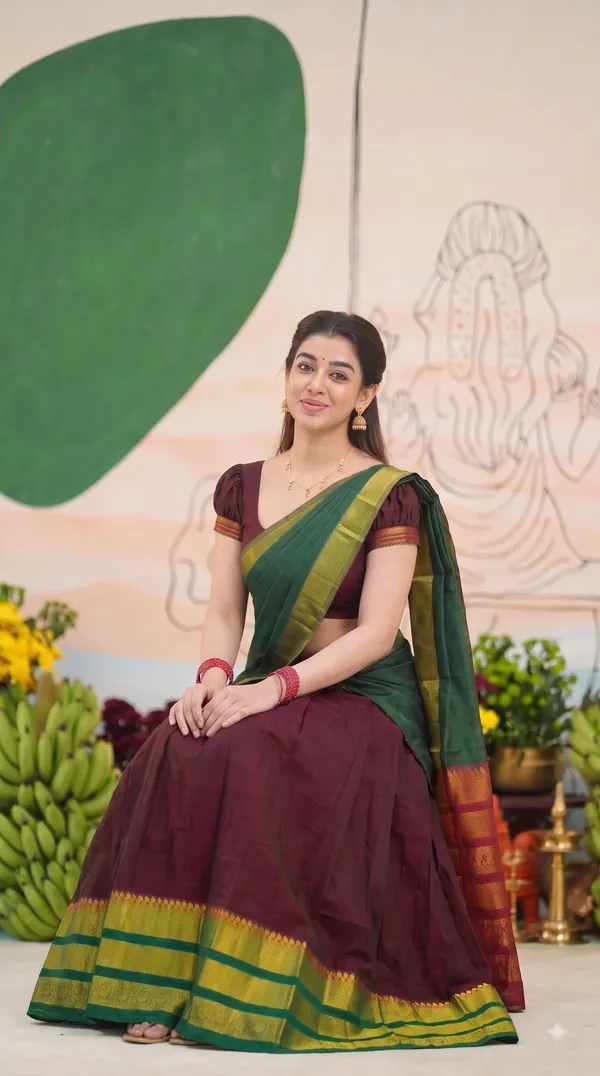 Traditional_Ruby_Maroon_Half_Saree_with_Green_Dhavani