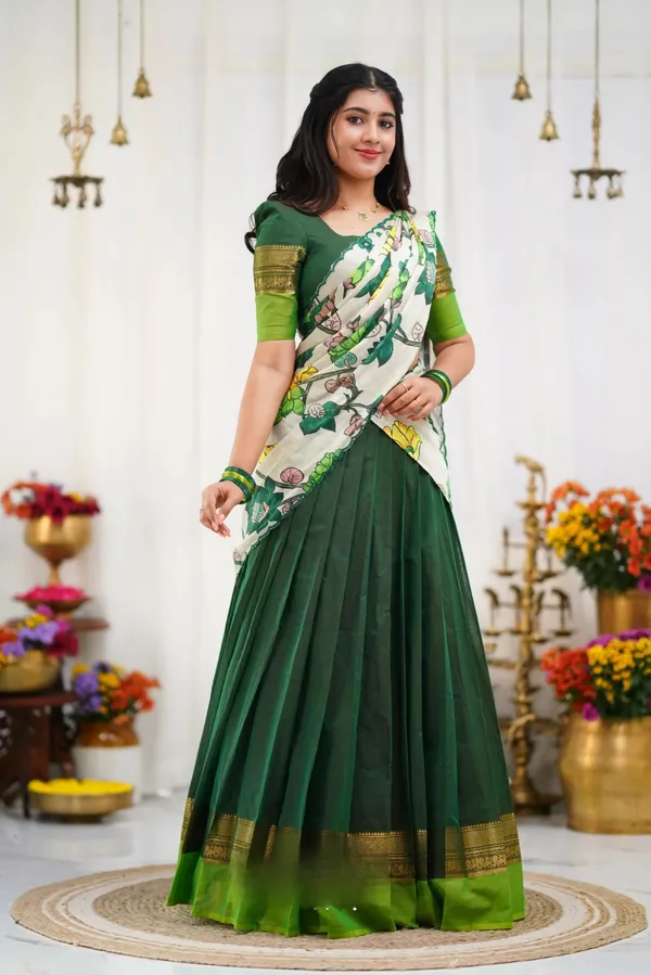 Padmaja_Cotton_Half_Saree_-_Dark_Green_and_Leaf_Green