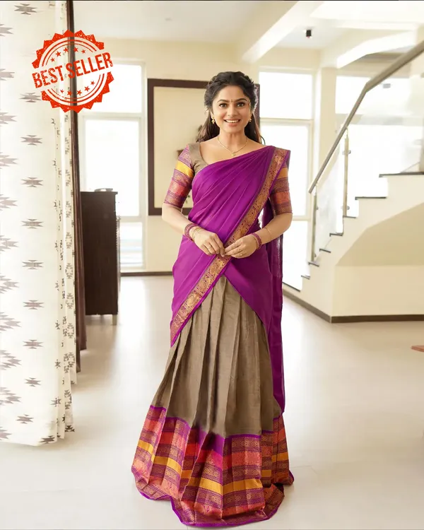 Kanjivaram_Silk_Zari_Half_Saree_Lehenga_With_Blouse_Along_With_Banarsi_Silk_Dupatta
