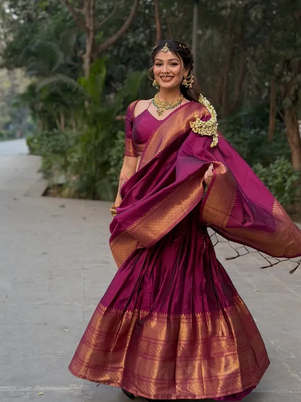 Kanjivaram_Silk_Zari_Half_Saree_Un-stitched_Lehenga_With_Blouse_Along_With_Banarsi_Silk