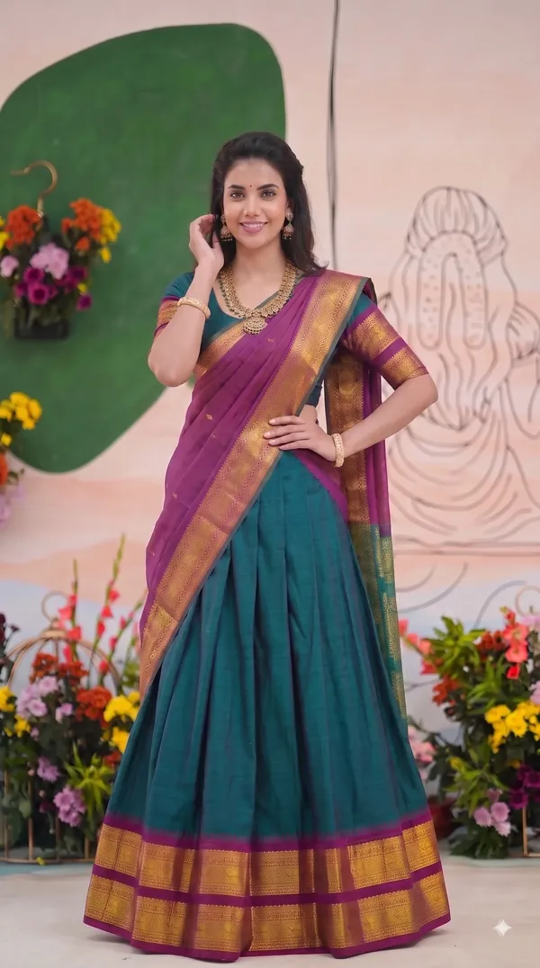 Traditional_Teal_Green_Half_Saree_with_Wine_Dhavani
