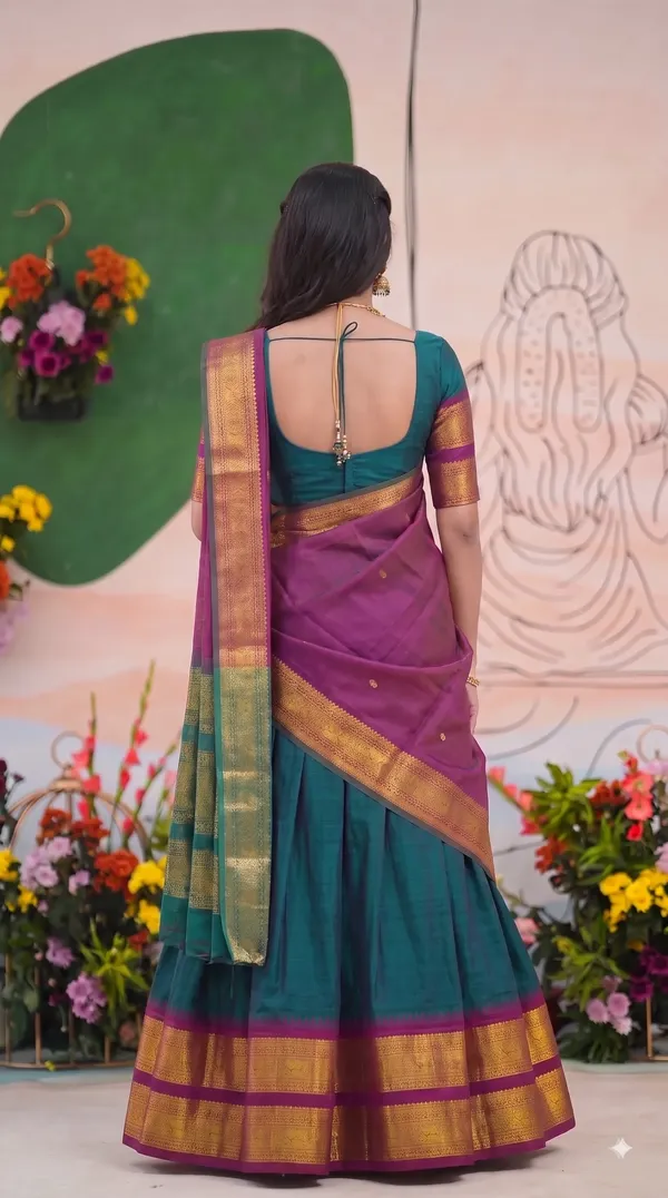 Traditional_Teal_Green_Half_Saree_with_Wine_Dhavani