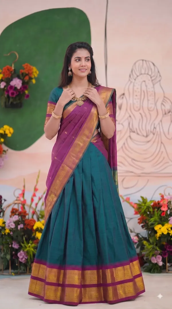 Traditional_Teal_Green_Half_Saree_with_Wine_Dhavani
