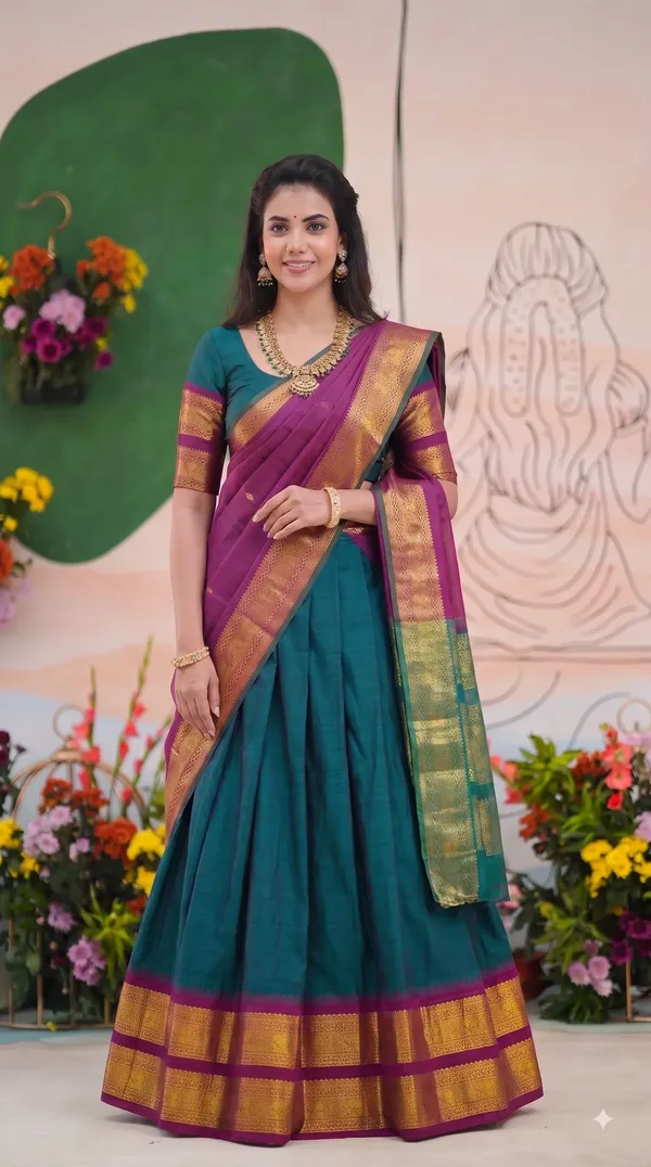 Traditional_Teal_Green_Half_Saree_with_Wine_Dhavani