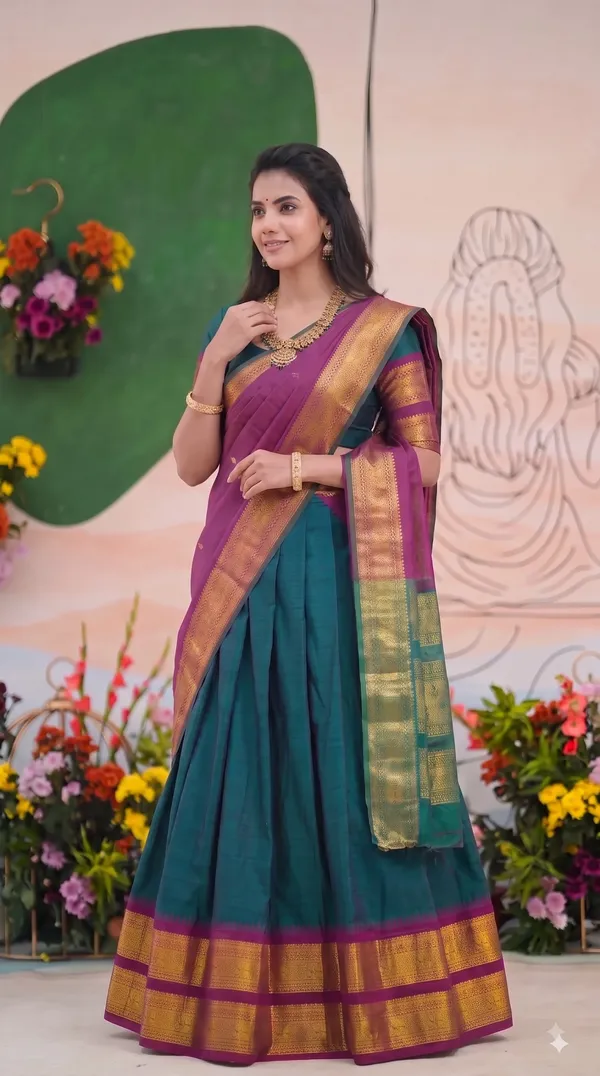Traditional_Teal_Green_Half_Saree_with_Wine_Dhavani