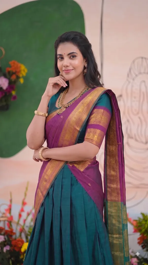 Traditional_Teal_Green_Half_Saree_with_Wine_Dhavani