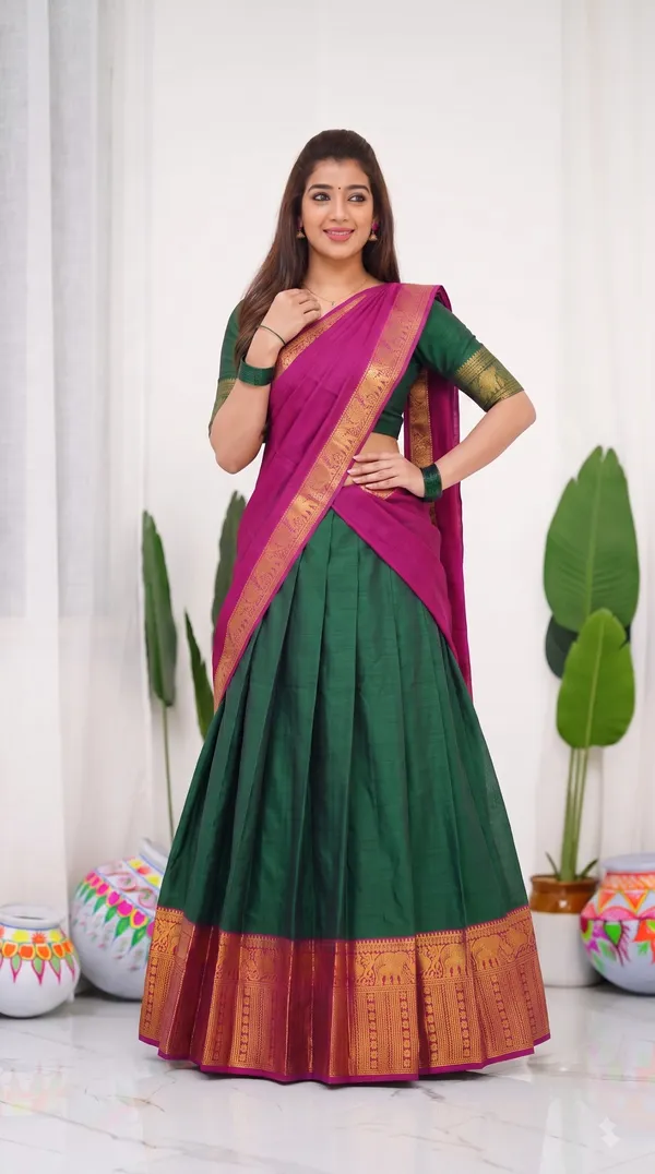 Traditional_Mustard_Gold_Half_Saree_with_Green_Dhavani