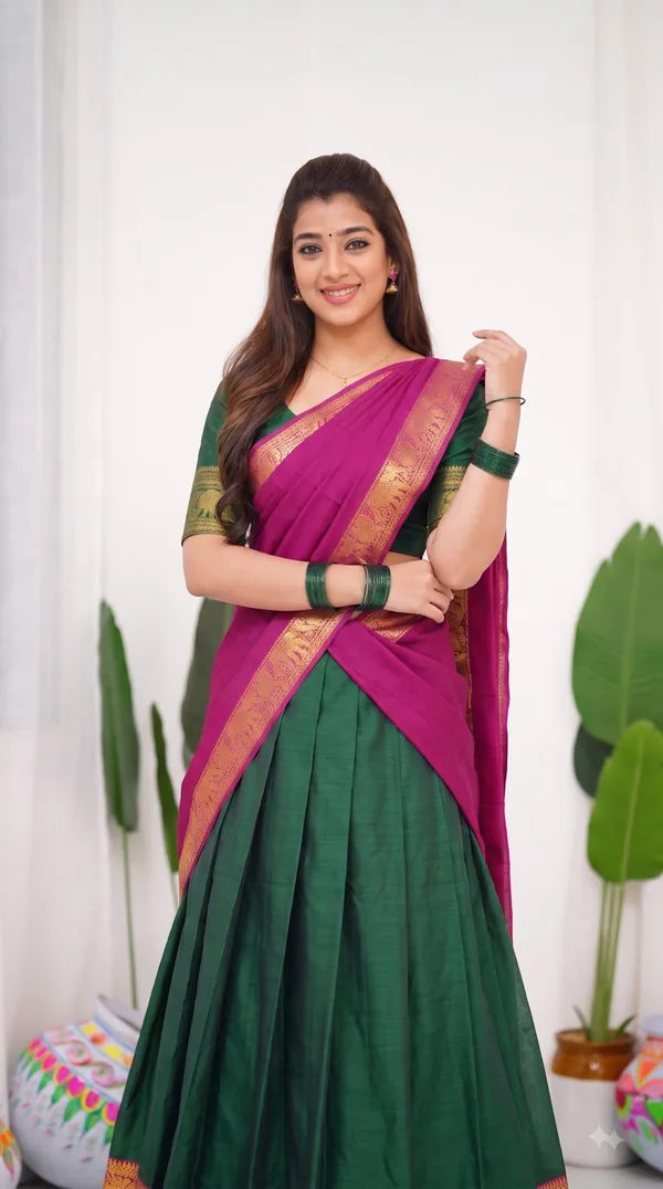 Traditional_Mustard_Gold_Half_Saree_with_Green_Dhavani