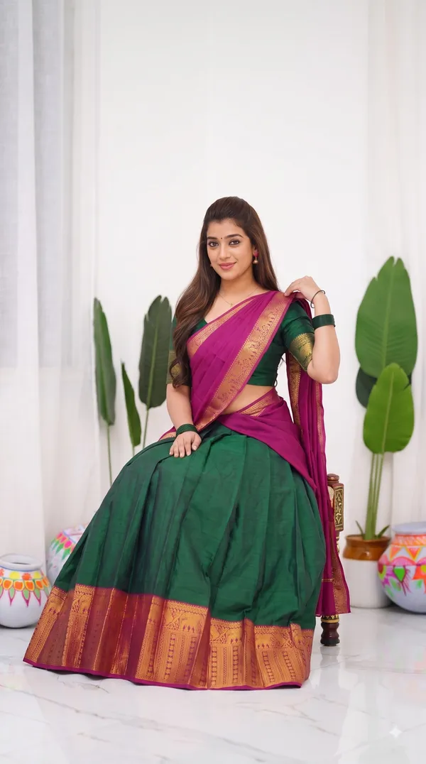 Traditional_Mustard_Gold_Half_Saree_with_Green_Dhavani