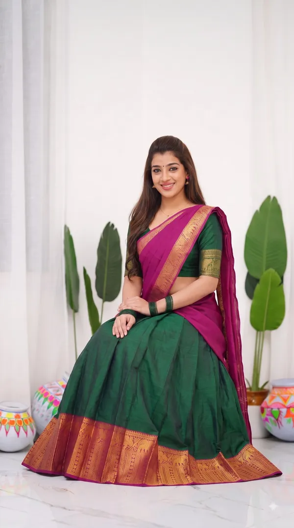 Traditional_Mustard_Gold_Half_Saree_with_Green_Dhavani
