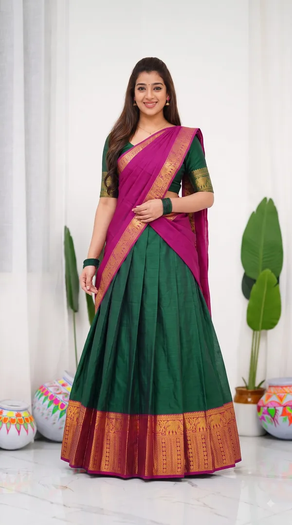 Traditional_Mustard_Gold_Half_Saree_with_Green_Dhavani