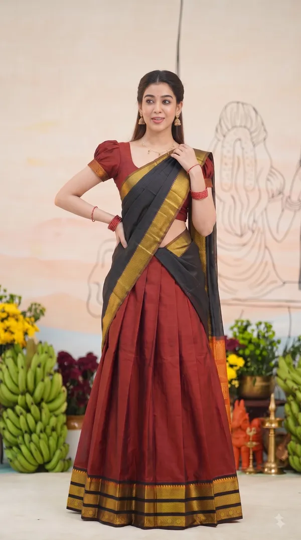 Traditional_Cherry_Red_Half_Saree_with_Black_Dhavani