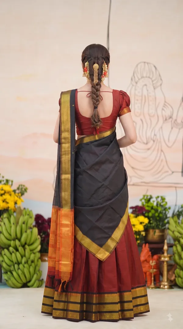 Traditional_Cherry_Red_Half_Saree_with_Black_Dhavani