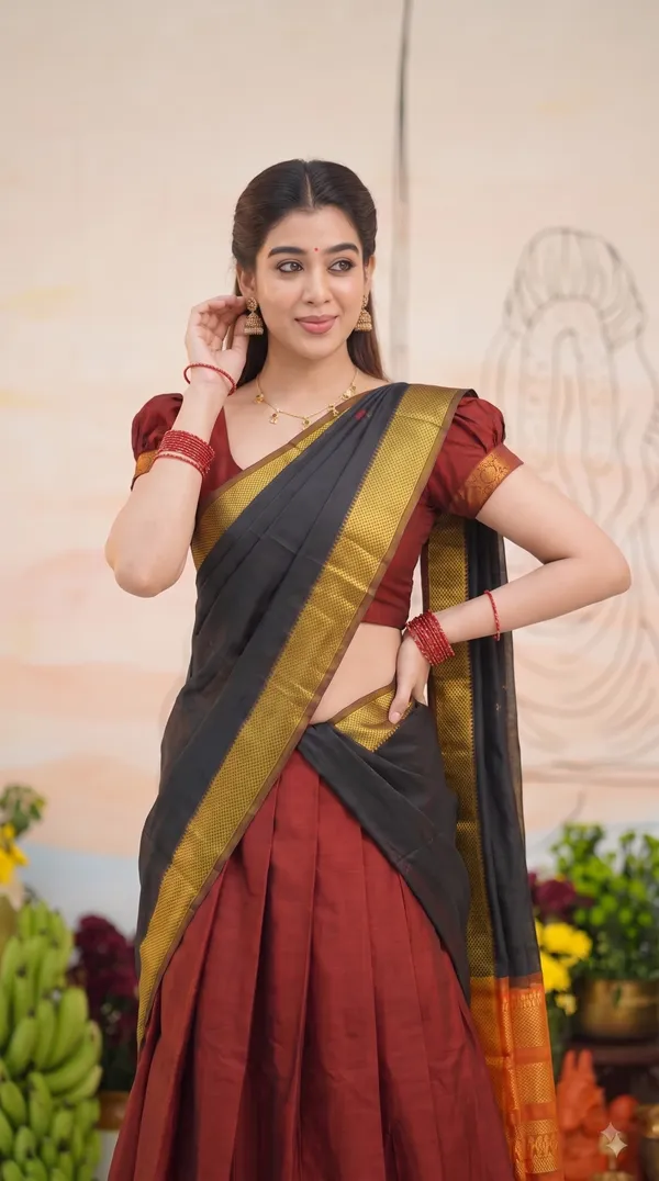 Traditional_Cherry_Red_Half_Saree_with_Black_Dhavani