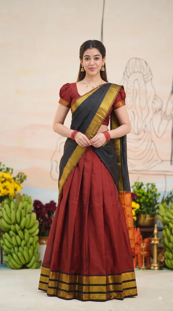 Traditional_Cherry_Red_Half_Saree_with_Black_Dhavani