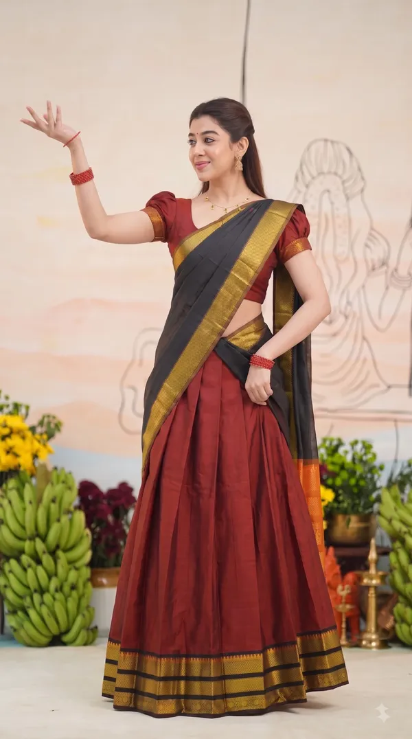 Traditional_Cherry_Red_Half_Saree_with_Black_Dhavani