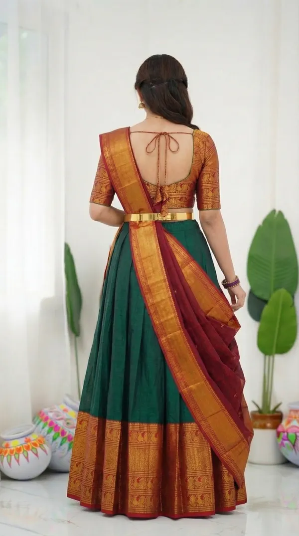 Kanjivaram_Silk_Zari_Half_Saree_stitched-Lehenga_With_Blouse_Along_With_Banarsi_Silk