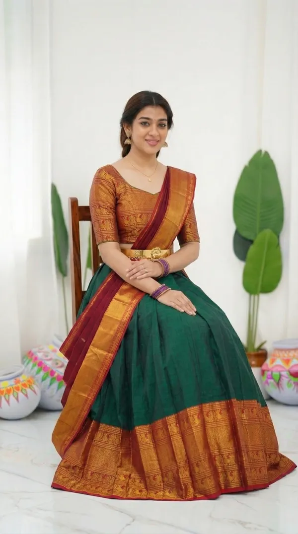 Kanjivaram_Silk_Zari_Half_Saree_stitched-Lehenga_With_Blouse_Along_With_Banarsi_Silk