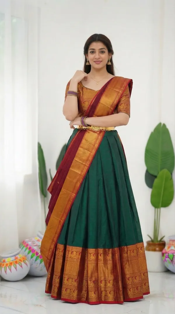 Kanjivaram_Silk_Zari_Half_Saree_stitched-Lehenga_With_Blouse_Along_With_Banarsi_Silk