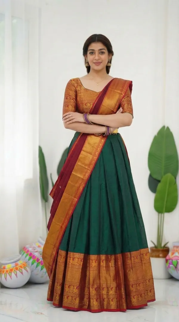 Kanjivaram_Silk_Zari_Half_Saree_stitched-Lehenga_With_Blouse_Along_With_Banarsi_Silk