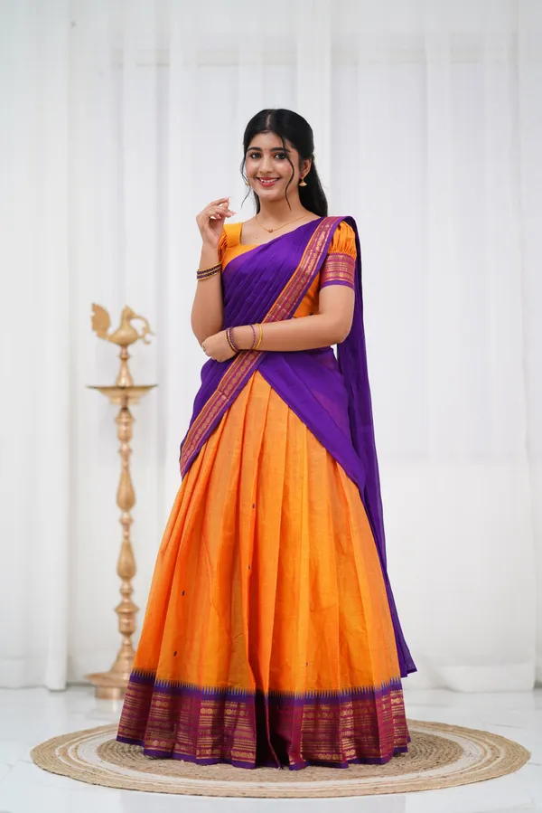 Yellow_Kanjivaram_Soft_Silk_Wedding_&_Party_Wear_Half_Saree_&_Unstiched_Blouse_For_Women