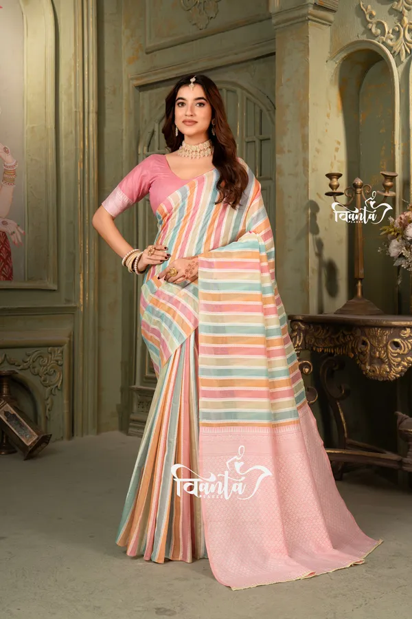 Multi_Color_Banarasi_Silk_Wedding_&_Party_Wear_Saree_&_Unstiched_Blouse_For_Women