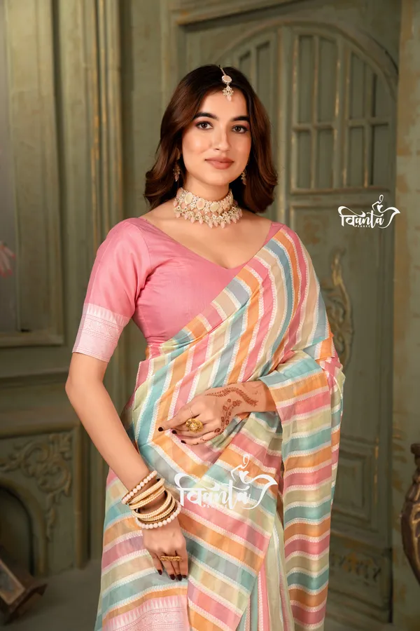Multi_Color_Banarasi_Silk_Wedding_&_Party_Wear_Saree_&_Unstiched_Blouse_For_Women