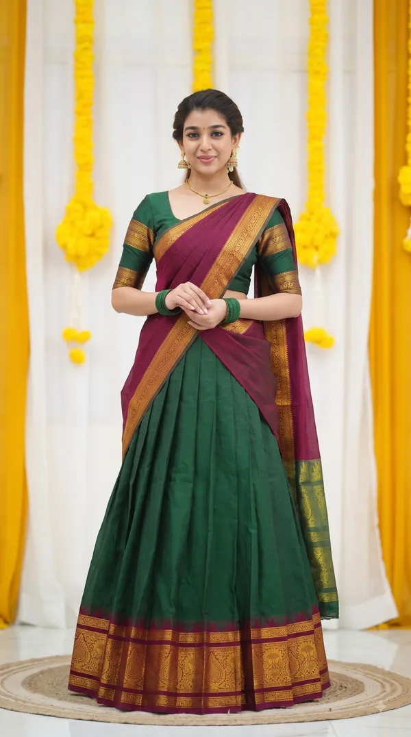 Traditional_Olive_Green_Half_Saree_with_Maroon_Dhavani