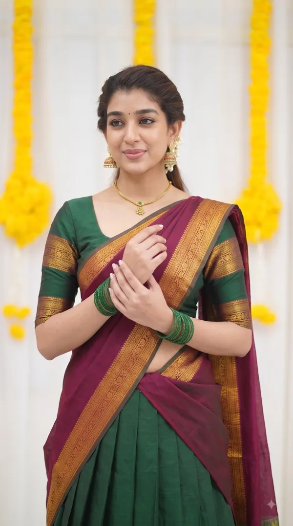 Traditional_Olive_Green_Half_Saree_with_Maroon_Dhavani