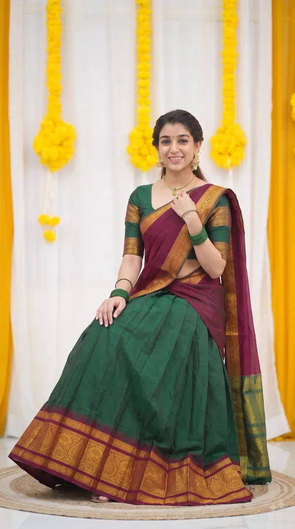 Traditional_Olive_Green_Half_Saree_with_Maroon_Dhavani