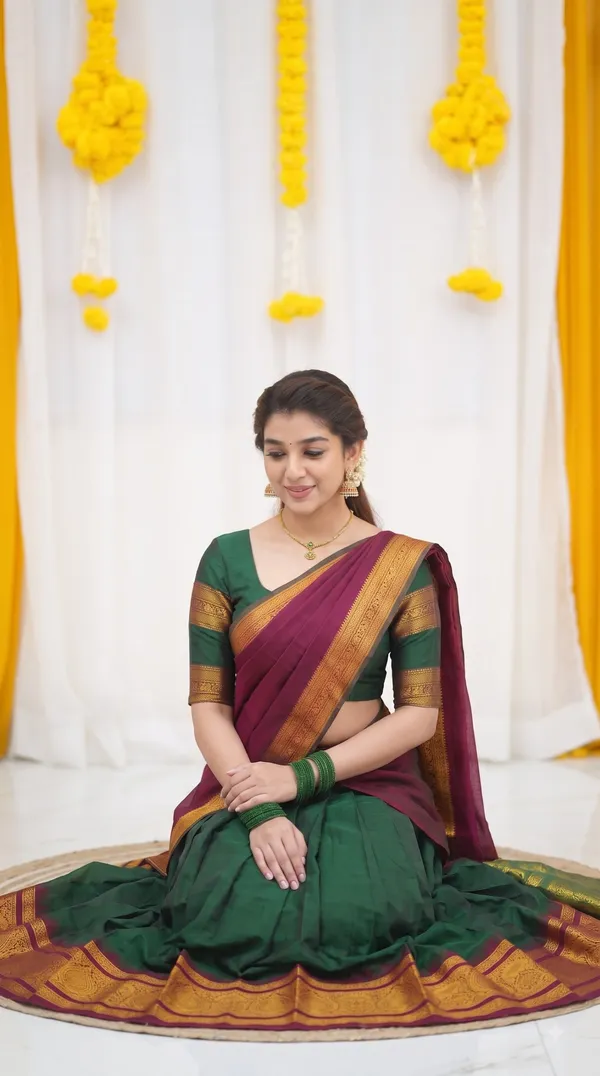 Traditional_Olive_Green_Half_Saree_with_Maroon_Dhavani
